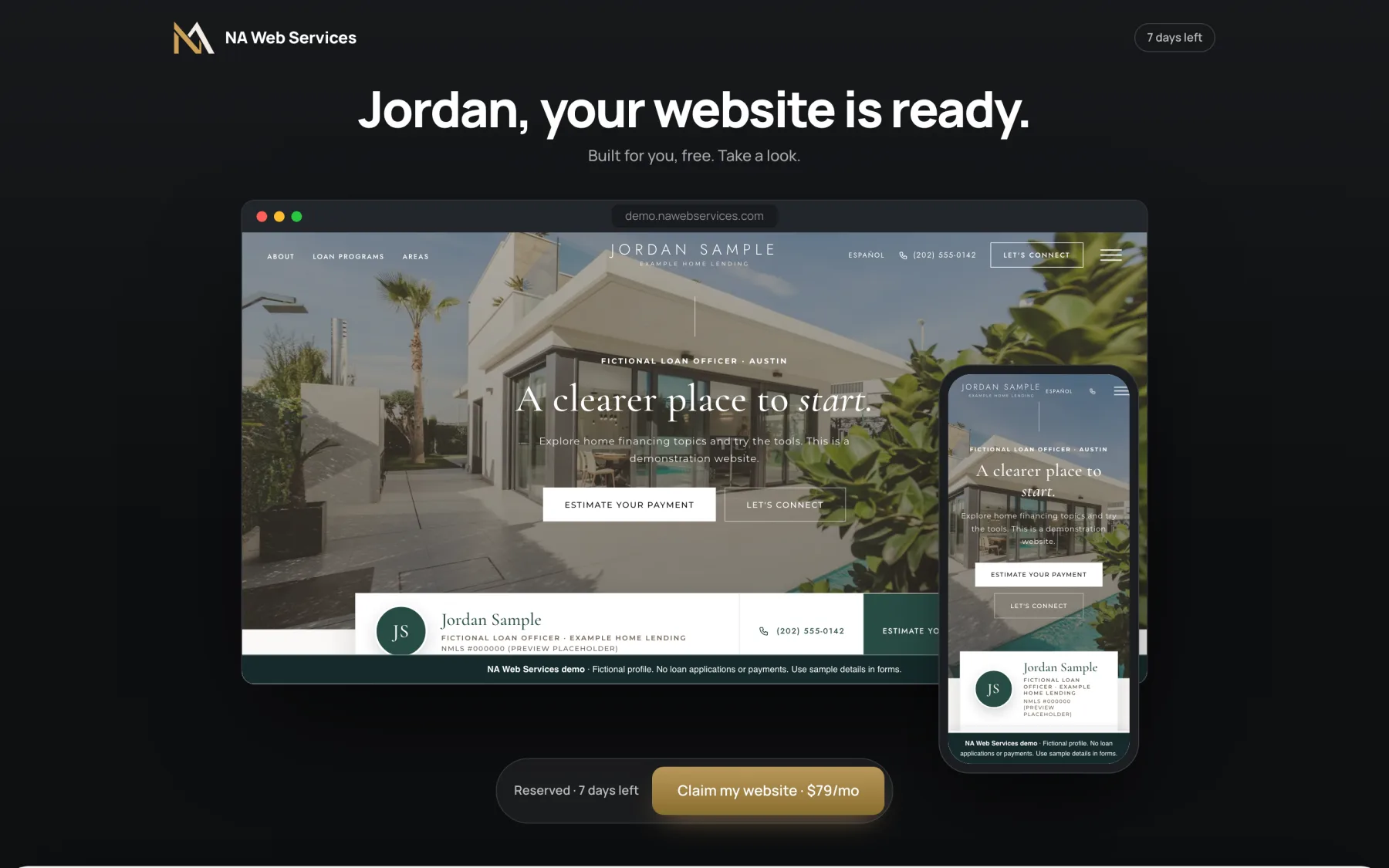 A preview link page reading Jordan, your website is ready, with the finished site shown on a laptop and phone