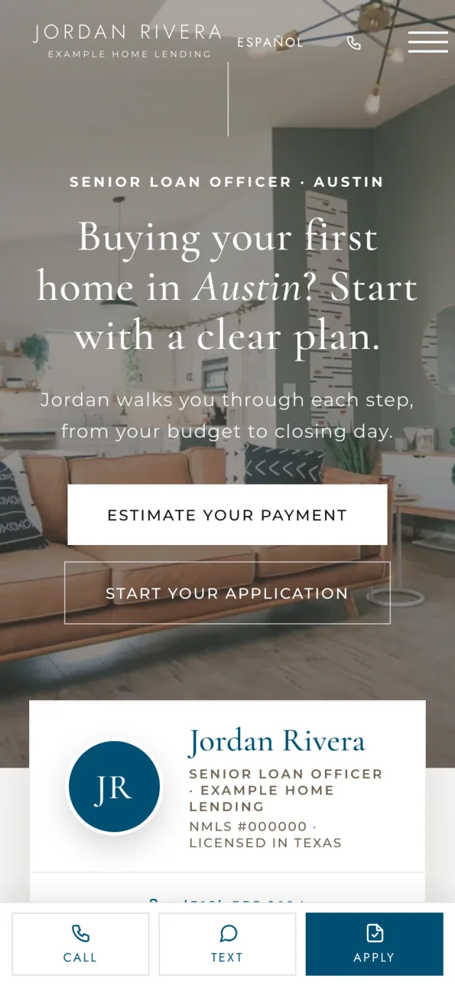 The same site on a phone, with Call, Text and Apply buttons