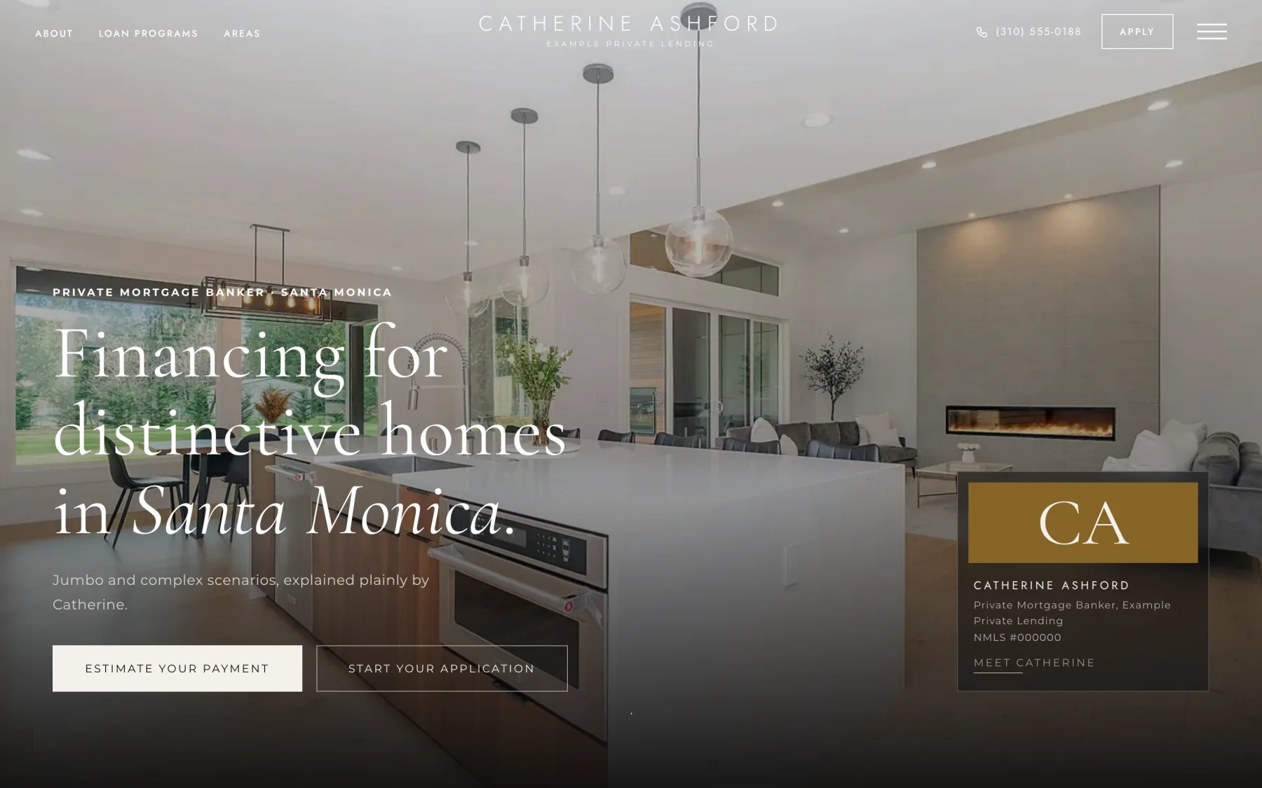 The Noir template homepage for a fictional mortgage banker, Catherine Ashford, with a modern kitchen photo