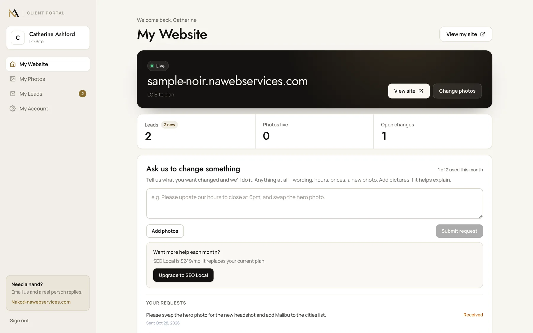 The client dashboard, showing the live site, new leads and change requests